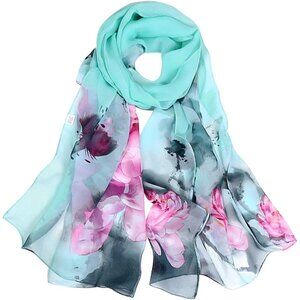 Women's Lake Blue Fashion Lightweight Head Scarf Floral Print Chiffon Scarves
